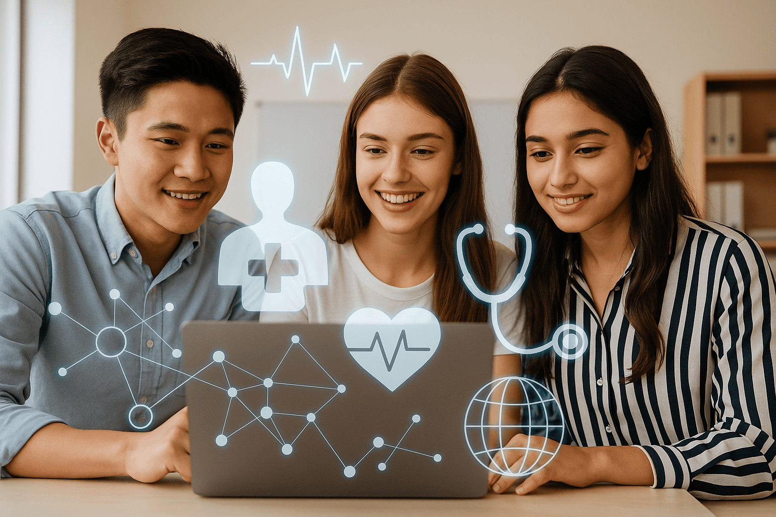 Three university students collaborating on medical informatics using a laptop, surrounded by blue digital health icons in a bright study space.