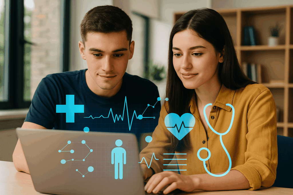 Two university students analysing medical informatics data on a laptop with blue holographic health icons in a bright, modern study room.