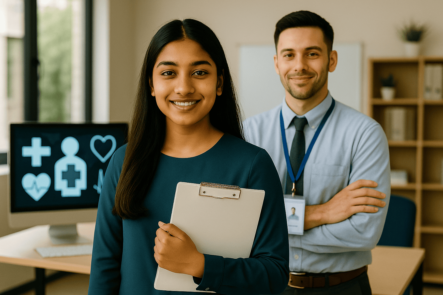 Two healthcare informatics professionals standing in a modern office, with a woman holding a clipboard and a man wearing an ID badge, in front of a monitor displaying medical icons.
