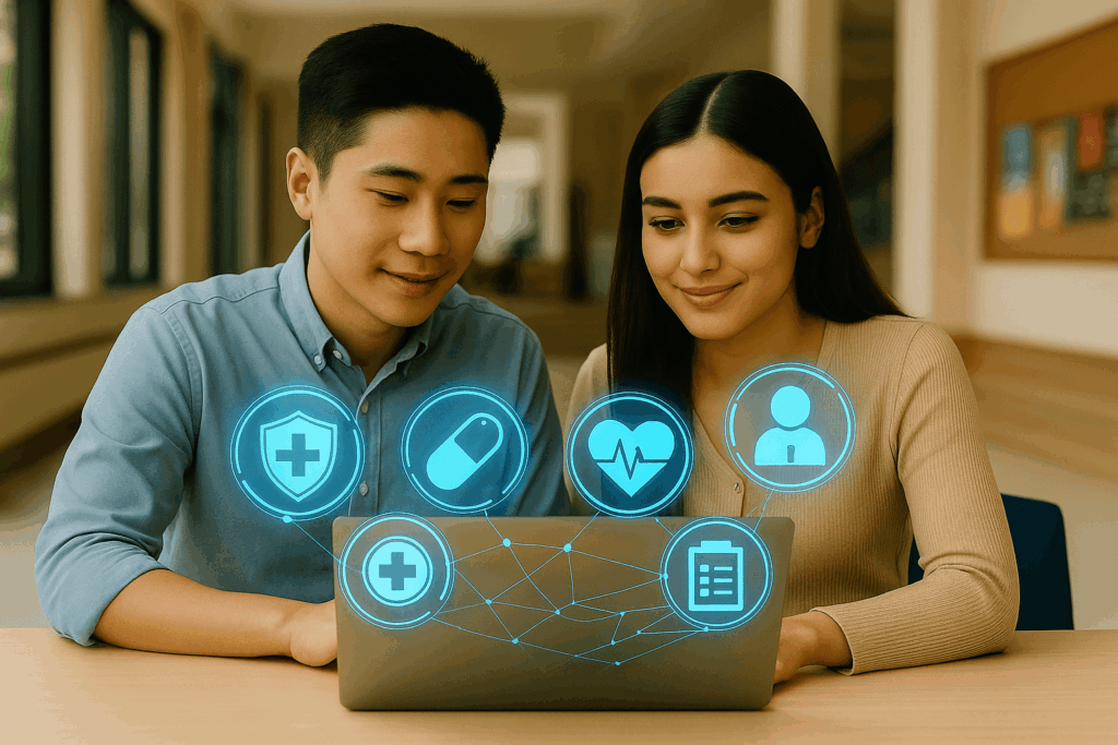 Two university students sitting at a table using a laptop in a bright hallway, with floating blue holographic medical icons including a pill, heart rate, medical cross, user profile, and digital clipboard symbol, representing health informatics.