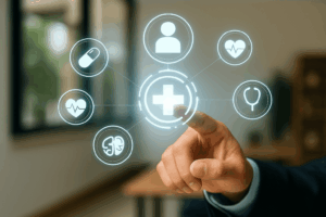 A close-up of a hand pointing toward a digital medical interface featuring a central cross and surrounding icons for heart rate, pill, stethoscope, brain, and user profile, set in a bright, professional office.
