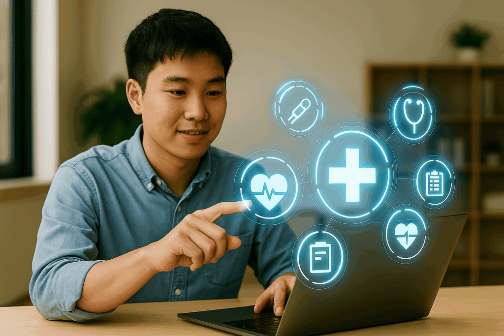 A young university student interacting with a laptop that projects glowing medical informatics icons, including a cross, heart rate, clipboard, syringe, and stethoscope, in a bright modern study space.