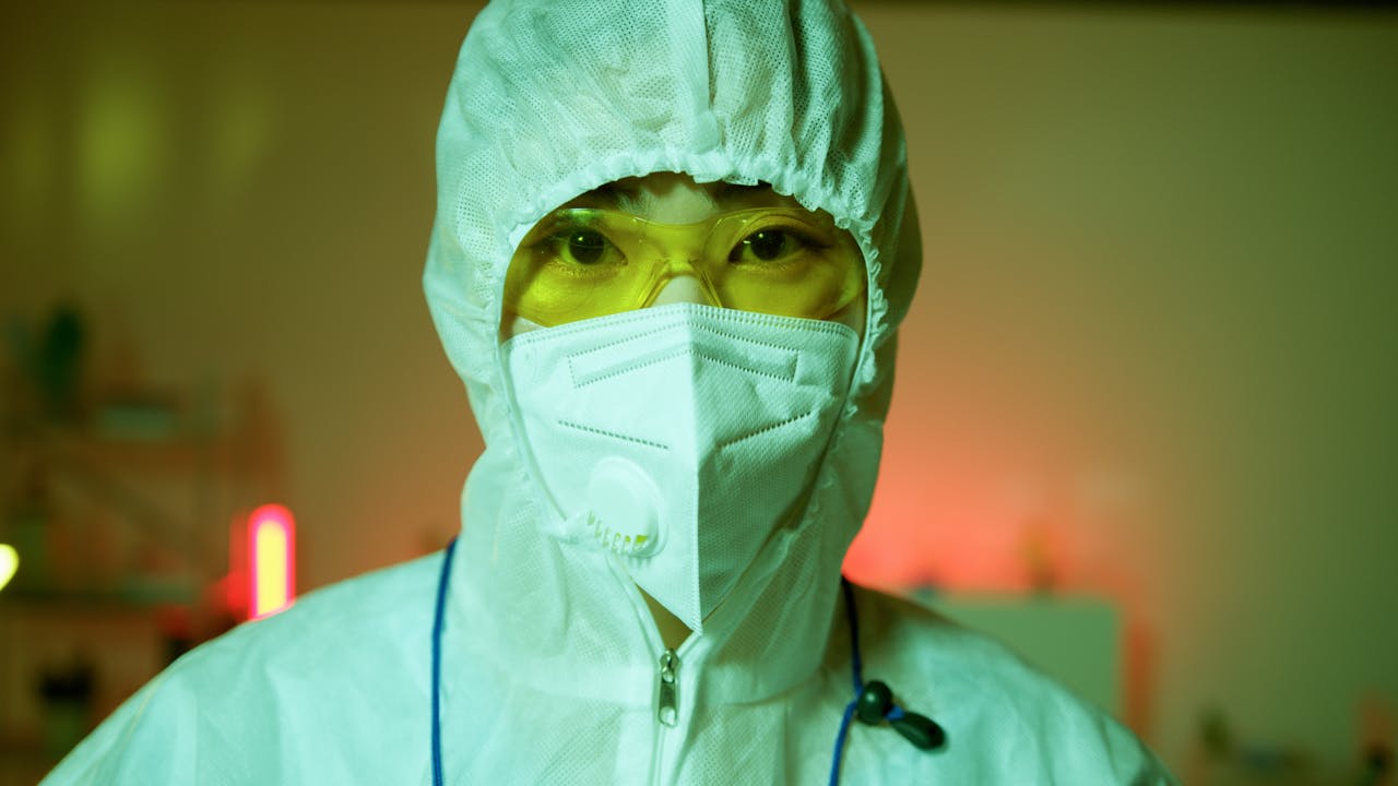 Epidemiologist wearing full personal protective equipment during infectious disease investigation.