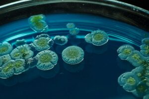 Colonies of green mould growing on blue agar in a petri dish, showing fungal cultures commonly studied in microbiology labs.