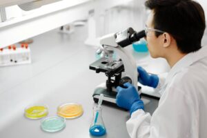 Pathologist examining samples under microscope with petri dishes and lab tools on the table.